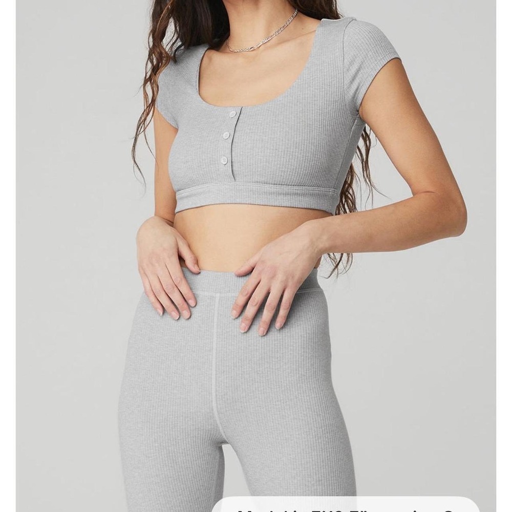 Alo Yoga Wellness Rib Henley Crop Top Leggings Set in Gray - Small / XSmall